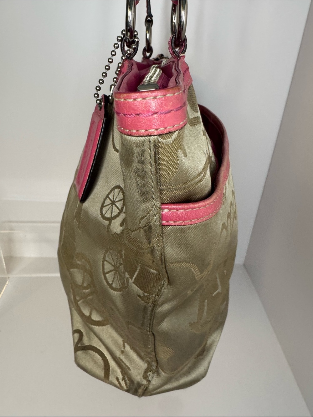 #419 Coach Signature Khaki Satin Horse & Carriage w/ Pink Leather Shoulder Tote - Picture 7 of 17